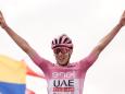 Poga?ar Tadej (Team Uae Emirates) celebrates as he cycles to the finish line to win during the stage 15 of the Giro d'Italia from Manerba del Garda to Livigno, North Italy - Sunday, May 19, 2024 - Sport Cycling (Photo by Massimo Paolone /Lapresse)