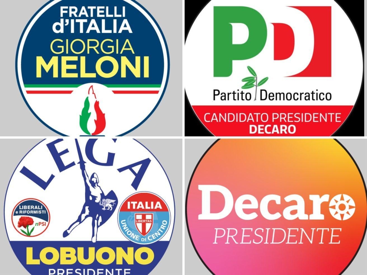 Elezioni regionali in Puglia, il risiko dei simboli: FdI con Meloni (ma senza Lobuono), Decaro a caratteri piccoli per il Pd. Per la Lega non c'è Salvini