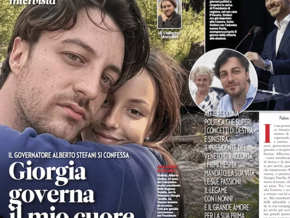 Il presidente del Veneto Alberto Stefani racconta l'amore per la compagna Giorgia Tavella: «Ci hanno fatti incontrare gli amici, poi la nostra prima cena»