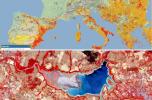 Sopra, la siccità in Europa. Sotto, il restringimento del Lago Pozzillo in provincia di Enna