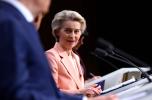 President of the European Commission Ursula von der Leyen speaks during a press conference along with the European Council president and Poland's prime minister during an informal European Union (EU) leaders retreat, at the Justus Lipsius building in Brussels on February 3, 2025. (Photo by JOHN THYS / AFP)