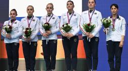 Silver medalist team Italy pose during the award ceremony of the Women's team Artistic Gymnastics European Championships in Antalya on April 12, 2023. (Photo by OZAN KOSE / AFP)