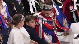 Kate, Princess of Wales, right, Princess Charlotte, left, and Prince Louis, centre, attend the coronation ceremony of King Charles III and Queen Camilla in Westminster Abbey, London, Saturday, May 6, 2023. (Aaron Chown/Pool Photo via AP)