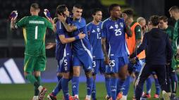 The players of Italy celebrates after scoring the 1-0 goal for his team during the friendly match 2024 between Italy and Bosnia and Herzegovina at Carlo Castellani Stadium - Sport, Soccer - Empoli, Italy - Sunday June 8, 2024 (Photo by Massimo Paolone/LaPresse)