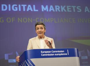 European Commissioner for Europe fit for the Digital Age Margrethe Vestager speaks during a media conference regarding the Digital Markets Act at EU headquarters in Brussels, Monday, March 25, 2024. The European Commission on Monday opened non-compliance investigations against Alphabet, Apple and Meta under the Digital Markets Act. (AP Photo/Virginia Mayo)