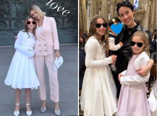 Michelle Hunziker in Duomo a Milano per la cresima della figlia Sole, 10 anni: tailleur rosa e la festa con Celeste e Aurora