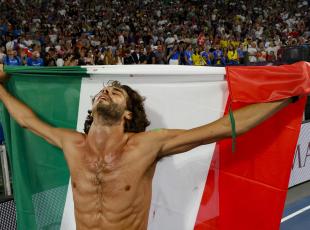 Gold Medalist Gianmarco Tamberi of Team Italy celebrates after the Men's High Jump Final during the European Athletics Championship at Olimpico Stadium in Rome, Italy, 11 June 2024. ANSA/FABIO FRUSTACI