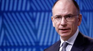 Rapporteur for the high level report on the future of the single market Enrico Letta attends a joint press conference with European Council president ahead of a European Council summit at the EU headquarters in Brussels on April 17, 2024. (Photo by Kenzo TRIBOUILLARD / AFP)