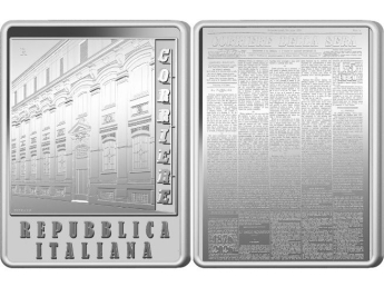 Una moneta d’argento per i 150 anni del «Corriere della Sera» con la prima pagina e il palazzo di via Solferino