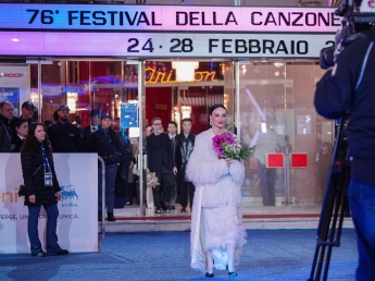 Arisa attends the Eni Carpet at the 76th edition of the Sanremo Italian Song Festival at the Teatro Ariston in Sanremo. northern Italy - MondayFebruary 232026. Entertainment. (Photo by Marco Alpozzi/LaPresse)
