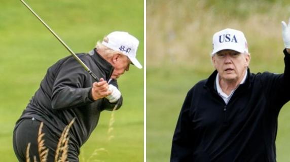 Donald Trump gioca a golf in Scozia: quindici golf car lo seguono sul campo