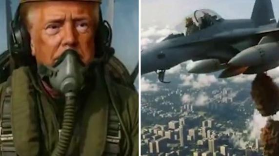 Trump con la corona guida un jet militare e bombarda i