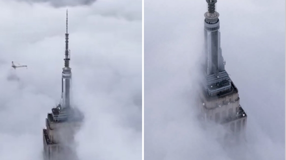 Un banco di nebbia invade Manhattan e inghiotte anche le cime dei grattacieli più alti: il video dal drone