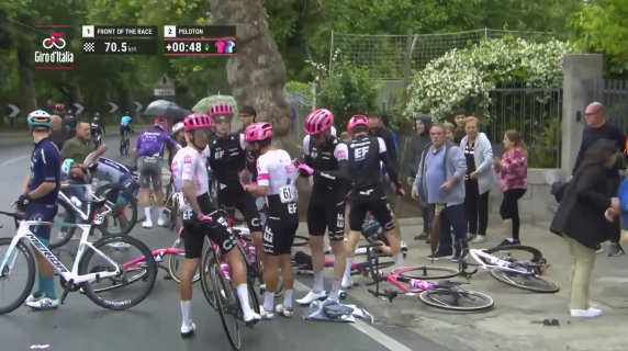 Asfalto scivoloso e maxi caduta al Giro d'Italia: uno dietro l'altro cadono 40 corridori