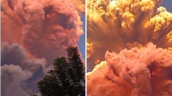 La spettacolare nube piroclastica del vulcano Laki-Laki in Indonesia, di colore rosso e alta 11 chilometri