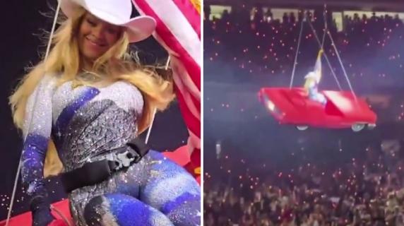 Attimi di paura al concerto di Beyoncé: l'auto sospesa a mezz'aria con la cantante a bordo si inclina pericolosamente