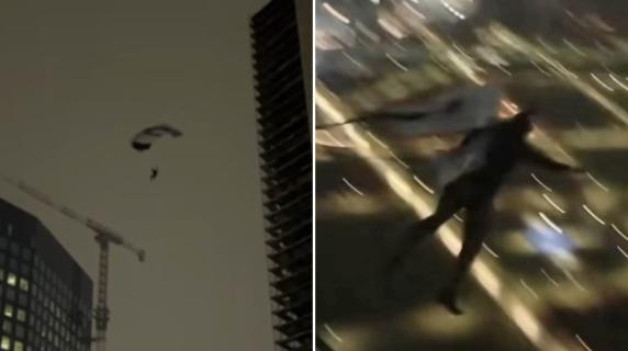 Milano, scala il Pirellino in via Melchiorre Gioia e si lancia con il paracadute: la folle impresa sui social