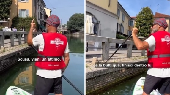 L'attivista Simone Lunghi rimprovera un passante per aver gettato una sigaretta nei Navigli a Milano: «Se lo rifai, giuro che ti ci butto io»