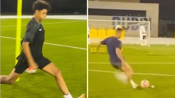 Cristiano Ronaldo junior sfida il padre sui calci piazzati: la somiglianza nei movimenti è impressionante