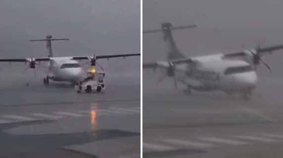 Corsica, le raffiche di vento quasi ribaltano un aereo fermo in pista
