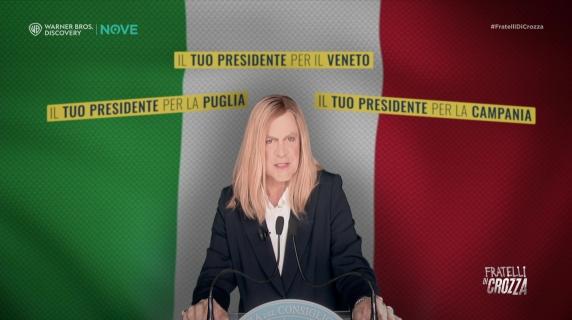 Crozza è una Meloni scatenata: «Povera sinistra, che pena mi fa». E intanto Tajani saltella