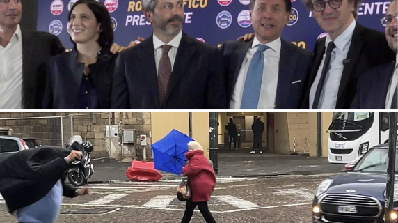 Tra vento e pioggia Schlein cita Pino Daniele: «L’aria s’adda cagna'» e Conte: «Qui in anticipo per stare in prima fila»