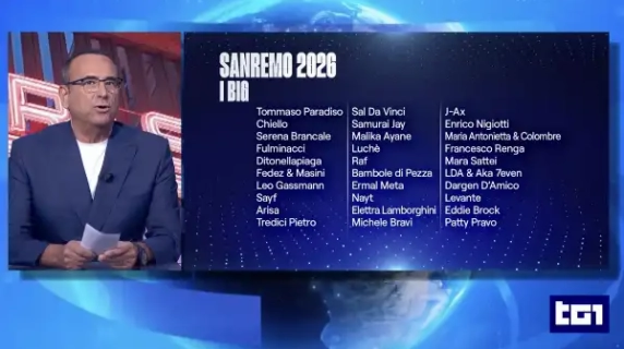 Carlo Conti annuncia i cantanti in gara a Sanremo 2026
