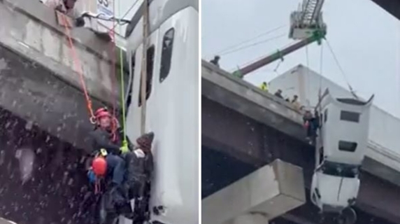 La cabina di un camion resta sospesa su un ponte: l'incredibile salvataggio dell'autista