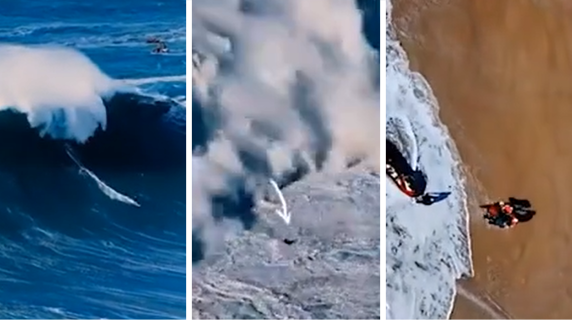 Surfista travolto da un’onda gigante a Nazaré (Portogallo): salvato dal team in extremis
