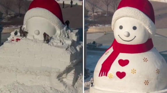 Realizzato in Cina un pupazzo di neve alto quasi 20 metri: il timelapse lungo 11 giorni della sua costruzione
