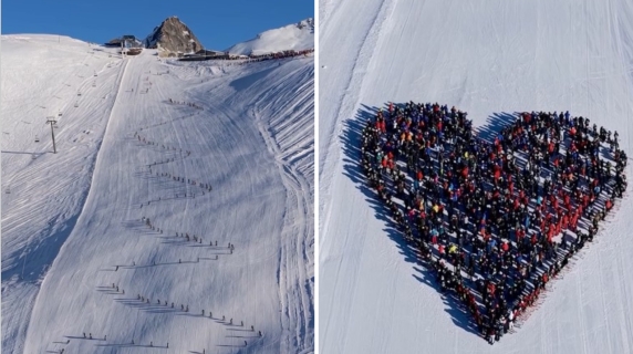 La solidarietà per le vittime della tragedia di Crans Montana in una coreografia sulla neve: centinaia di sciatori formano un cuore