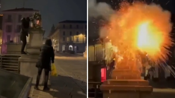 Monza, i maranza deturpano la statua del Ponte dei Leoni con il «botto di Capodanno»