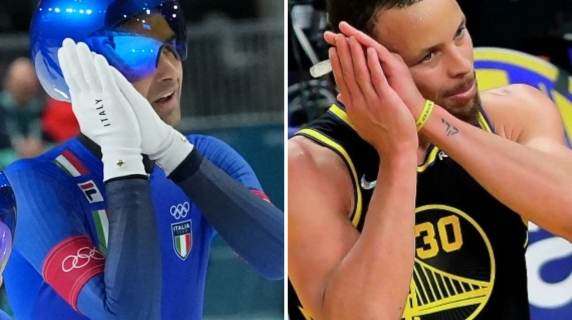 Italia medaglia d'oro nell'inseguimento a squadre di pattinaggio velocità. E Giovannini esulta come Steph Curry