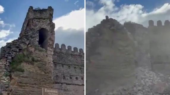 Crolla parte del castello di Toledo: il momento in cui la torre medievale si schianta a terra