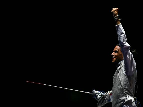 Italian fencer Tommaso Marini reacts after winning during the Euro Basel 2024 Fencing European Championships in Basel on June 18, 2024. (Photo by OLIVIER CHASSIGNOLE / AFP)