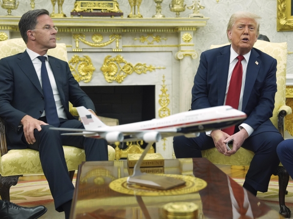President Donald Trump, right, meets with NATO Secretary General Mark Rutte in the Oval Office of the White House, Monday, July 14, 2025, in Washington. (AP Photo/Evan Vucci)