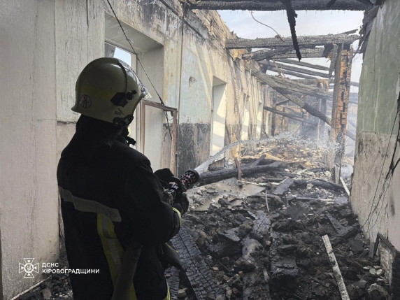 In this photo provided by the Ukrainian Emergency Service, firefighters put out the fire in a fire department school following a Russian air attack in Kropyvnytskyi, Ukraine, Monday, July 28, 2025. (Ukrainian Emergency Service via AP)