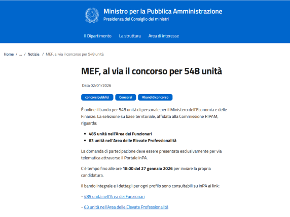 Mef, via al concorso 2026: le opportunità per laureati, 548 posti da funzionari e specialisti Mef, via al concorso 2026: le opportunità per laureati, 548 posti da funzionari e specialisti