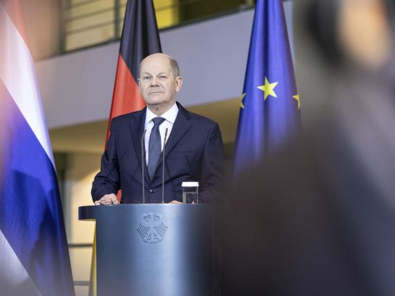 German Chancellor Olaf Scholz holds a joint press conference with Thai Prime Minister Srettha Thavisin, not pictured, at the Federal Chancellery in Berlin, Germany, Wednesday March 13, 2024. (Hannes P. Albert/dpa via AP)
