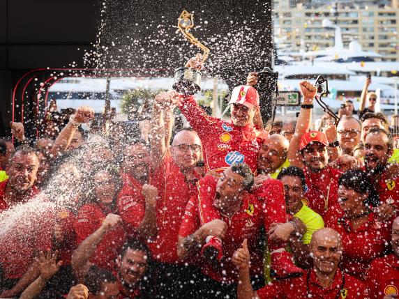 MONTE-CARLO, MONACO - MAY 26:  Race winner Charles Leclerc of Monaco and Ferrari celebrates with his team after the F1 Grand Prix of Monaco at Circuit de Monaco on May 26, 2024 in Monte-Carlo, Monaco. (Photo by Ryan Pierse/Getty Images)