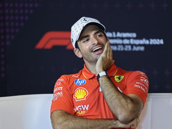 Ferrari's Spanish driver Carlos Sainz gives a press conference at the Circuit de Catalunya on June 20, 2024 in Montmelo, on the outskirts of Barcelona, ahead of the Spanish Formula One Grand Prix. (Photo by Thomas COEX / AFP)