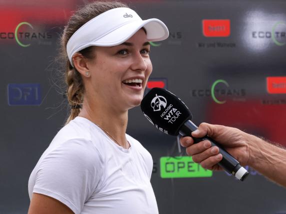 BERLIN, GERMANY - JUNE 22: Anna Kalinskaya gives a press conference after her victory during the ladies single match against Victoria Azarenka during day six of the Berlin Ladies Open 2024 on June 22, 2024 in Berlin, Germany.  (Photo by Inaki Esnaola/Getty Images)