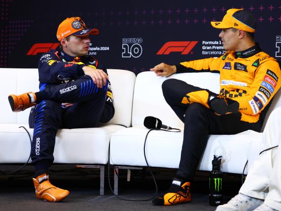 BARCELONA, SPAIN - JUNE 22: 2nd placed qualifier Max Verstappen of the Netherlands and Oracle Red Bull Racing and Pole position qualifier Lando Norris of Great Britain and McLaren attend the press conference after qualifying ahead of the F1 Grand Prix of Spain at Circuit de Barcelona-Catalunya on June 22, 2024 in Barcelona, Spain. (Photo by Clive Rose/Getty Images)