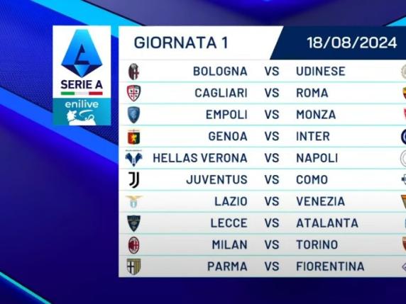 Serie A 2024-2025: si parte con Milan-Torino e Verona-Napoli. Il derby di Milano alla 5ª. La Juve sfida l'Inter alla 9ª e i rossoneri alla 13ª