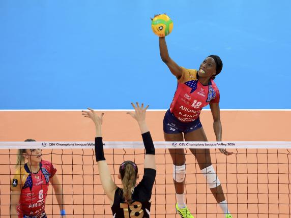 MILAN, ITALY - JANUARY 16: Paola Egonu #18 of Vero Volley Milano in action during the match of CEV Champions League Women Volley between Allianz Vero Volley Milano and VakifBank Istanbul at Allianz Cloud on January 16, 2024 in Milan, Italy. (Photo by Giuseppe Cottini/AC Milan via Getty Images)