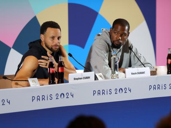 PARIS, FRANCE - JULY 25: Steph Curry and Kevin Durant of the United States speak during the Team USA Basketball press conference ahead of the Paris 2024 Olympic Games at the Main Press Centre on July 25, 2024 in Paris, France. (Photo by Mike Lawrie/Getty Images)