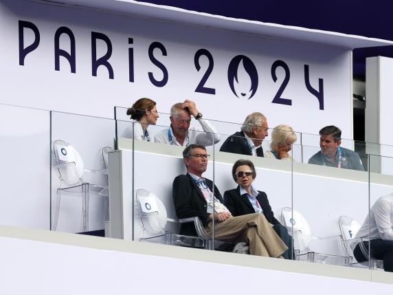 PARIS, FRANCE - JULY 27: Princess Anne is seen on the stands during the Men?s Rugby Sevens Men's Placing 9-10 match between Kenya and Samoa on day one of the Olympic Games Paris 2024 at Stade de France on July 27, 2024 in Paris, France. (Photo by Cameron Spencer/Getty Images)
