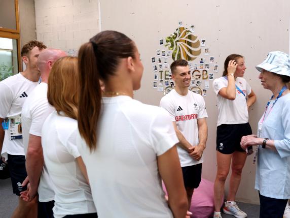 PARIS, FRANCE - JULY 31: IOC member Anne, Princess Royal speaks with Max Whitlock and other athletes as she visits Team GB House at Pavillon D'Armenonville on day five of the Olympic Games Paris 2024 on July 31, 2024 in Paris, France. (Photo by Pascal Le Segretain/Getty Images)