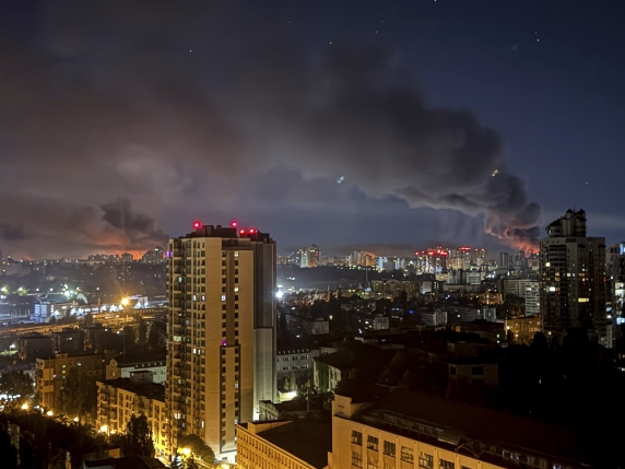 Smoke rises after a Russian strike on Kyiv, Ukraine, on Friday, July 4, 2025. (AP Photo/Yehor Konovalov)