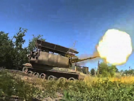 In this photo taken from video released by Russian Defense Ministry Press Service on Thursday, July 31, 2025, a Russian Giatsint-S self-propelled gun fires towards Ukrainian positions on an undisclosed location in Ukraine. (Russian Defense Ministr...